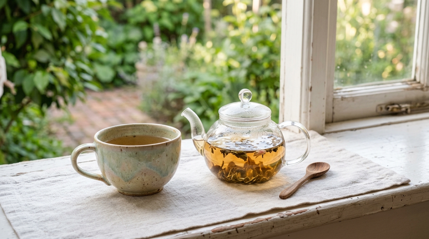 Handgemachte Keramiktasse mit Glasteekanne und losen Teeblaettern im Morgenlicht